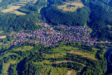 Aerial view of Village - view on the edge of agricultural fields and farmland in Silz in the state Rhineland-Palatinate, Germany