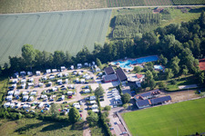 Aerial photograpy of Camping with caravans and tents in the district Ingenheim in Billigheim-Ingenheim in the state Rhineland-Palatinate