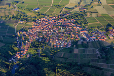Aerial view of Wine-growing town on the edge of the Haardt from the west in the district Rechtenbach in Schweigen-Rechtenbach in the state Rhineland-Palatinate, Germany