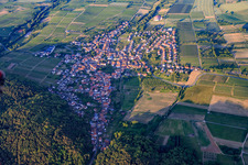 Aerial view of Wine-growing town on the edge of the Haardt from the west in Oberotterbach in the state Rhineland-Palatinate, Germany