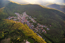 Village view hidden in the Palatinate Forest from the southeast in Dörrenbach in the state Rhineland-Palatinate, Germany