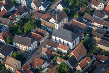 Aerial view of Protestant church in the village center in Westheim in the state Rhineland-Palatinate, Germany