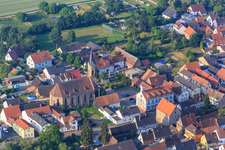 Aerial view of Christ Church - Protestant Parish Lustadt in the district Niederlustadt in Lustadt in the state Rhineland-Palatinate, Germany