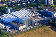 Aerial view of Construction site at L'OREAL Produktion Deutschland GmbH & Co. KG in the district Nordweststadt in Karlsruhe in the state Baden-Wuerttemberg, Germany