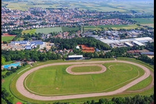 Aerial view of Sand track racetrack/speedway of the Motorsport Association Herxheim in Herxheim bei Landau in the state Rhineland-Palatinate, Germany
