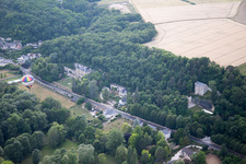 Aerial photograpy of Hot air balloon launch in front of Chateau de Perreux in Nazelles-Negron in Centre-Val de Loire, France