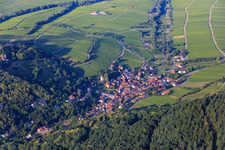 Aerial view of Village overview on the edge of the Haardt from the southwest in Leinsweiler in the state Rhineland-Palatinate, Germany