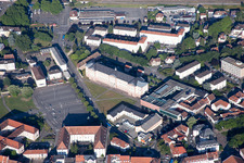 Aerial view of Museum building ensemble Media from Old Island / Médiathèque de la Vieille-Ile in Hagenau in the state Bas-Rhin, France