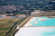 Aerial view of Brown - white salt fields for salt production in Rosières-aux-Salines in the state Meurthe et Moselle, France