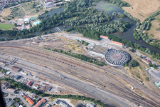 Aerial view of Railway depot and repair shop, maintenance and repair of SNCF trains in Damelevières in the state Meurthe et Moselle, France