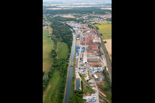 Aerial view of Building and production halls on the premises of Foundery Saint Gobain PAM on Canal de la Marne au Rhin in Foug in Grand Est, France