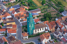 Catholic church scaffolded by Leidner GmbH Gerüstbau, Landau in Ottersheim bei Landau in the state Rhineland-Palatinate, Germany seen from above