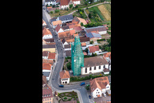 Aerial view of Church tower and tower roof of der catholic church in Ottersheim bei Landau in the state Rhineland-Palatinate, Germany