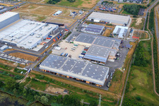 Oberwald industrial area with SKA Sitze GmbH, WAS Logistics, Com Transporte GmbH and NUSS Group in Wörth am Rhein in the state Rhineland-Palatinate, Germany