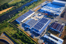 Aerial view of Oberwald industrial area with SKA Sitze GmbH, WAS Logistics, Com Transporte GmbH and NUSS Group in Wörth am Rhein in the state Rhineland-Palatinate, Germany
