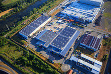 Aerial photograpy of Oberwald industrial area with SKA Sitze GmbH, WAS Logistics, Com Transporte GmbH and NUSS Group in Wörth am Rhein in the state Rhineland-Palatinate, Germany