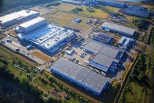 Oberwald industrial area with SKA Sitze GmbH, WAS Logistics, Com Transporte GmbH and NUSS Group in Wörth am Rhein in the state Rhineland-Palatinate, Germany from above
