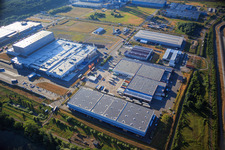Oberwald industrial area with SKA Sitze GmbH, WAS Logistics, Com Transporte GmbH and NUSS Group in Wörth am Rhein in the state Rhineland-Palatinate, Germany out of the air
