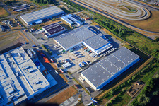 Oberwald industrial area with SKA Sitze GmbH, WAS Logistics, Com Transporte GmbH and NUSS Group in Wörth am Rhein in the state Rhineland-Palatinate, Germany seen from above