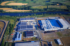 Bird's eye view of Oberwald industrial area with SKA Sitze GmbH, WAS Logistics, Com Transporte GmbH and NUSS Group in Wörth am Rhein in the state Rhineland-Palatinate, Germany