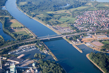 Rhine bridges Maxau from the north with motorboat club Karlsruhe eV and Maximiliansau harbor in the district Knielingen in Karlsruhe in the state Baden-Wuerttemberg, Germany