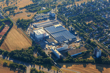 Construction site at L'OREAL Produktion Deutschland GmbH & Co. KG in the district Nordweststadt in Karlsruhe in the state Baden-Wuerttemberg, Germany from the plane