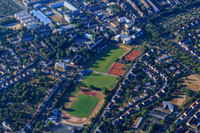 Aerial view of Sports fields of the sports community Karlsruhe and FC West Karlsruhe 1932 as well as tennis courts of TC Karlsruhe-West eV in the district Nordweststadt in Karlsruhe in the state Baden-Wuerttemberg, Germany