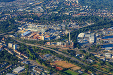 Aerial view of South tangent at the West combined heat and power plant in front of the Carl-Metz-Straße industrial area with Michelin Reifenwerke AG & Co. KGaA in the district Mühlburg in Karlsruhe in the state Baden-Wuerttemberg, Germany