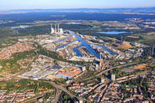 Aerial view of Grünwinkel industrial area and Karlsruhe Rhine ports from the east in the district Mühlburg in Karlsruhe in the state Baden-Wuerttemberg, Germany