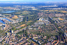 View of the town between Südtangente and Siemensallee from the southeast in the district Mühlburg in Karlsruhe in the state Baden-Wuerttemberg, Germany