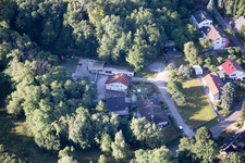 Oblique view of Hohenwettersbacherstraße 38 , "open youth workshop Karlsruhe" at the quarry in the district Grünwettersbach in Karlsruhe in the state Baden-Wuerttemberg, Germany