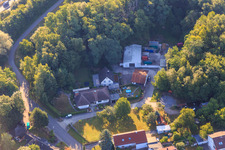 Oblique view of Hohenwettersbacherstraße 38 , "open youth workshop Karlsruhe" at the quarry in the district Grünwettersbach in Karlsruhe in the state Baden-Wuerttemberg, Germany