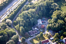 Hohenwettersbacherstraße 38 , "open youth workshop Karlsruhe" at the quarry in the district Grünwettersbach in Karlsruhe in the state Baden-Wuerttemberg, Germany viewn from the air