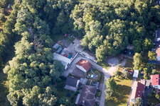 Drone recording of Hohenwettersbacherstraße 38 , "open youth workshop Karlsruhe" at the quarry in the district Grünwettersbach in Karlsruhe in the state Baden-Wuerttemberg, Germany