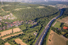 Aerial view of Highway route A8 in in the district Gruenwettersbach in Karlsruhe in the state Baden-Wurttemberg