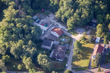 Bird's eye view of Hohenwettersbacherstraße 38 , "open youth workshop Karlsruhe" at the quarry in the district Grünwettersbach in Karlsruhe in the state Baden-Wuerttemberg, Germany