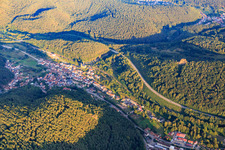 Village view in the valley of the Palatinate Forest from the west in Wilgartswiesen in the state Rhineland-Palatinate, Germany