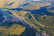 Aerial view of Village view in the valley of the Palatinate Forest from the west in Wilgartswiesen in the state Rhineland-Palatinate, Germany