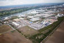 Drone image of Industrial area Im Langgewan, forwarding company Kube & Kubenz in Worms in the state Rhineland-Palatinate, Germany