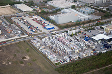 Industrial area Im Langgewan, forwarding company Kube & Kubenz in Worms in the state Rhineland-Palatinate, Germany seen from a drone