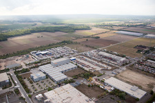Industrial area Im Langgewan, forwarding company Kube & Kubenz in Worms in the state Rhineland-Palatinate, Germany viewn from the air