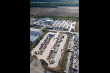 Industrial area Im Langgewan, forwarding company Kube & Kubenz in Worms in the state Rhineland-Palatinate, Germany seen from a drone