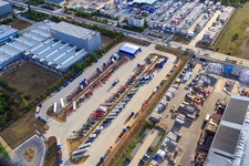 Aerial view of Industrial area Im Langgewan, forwarding company Kube & Kubenz and Hempt GmbH in Worms in the state Rhineland-Palatinate, Germany