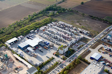 Warehouses and forwarding building Kube & Kubenz in Worms in the state Rhineland-Palatinate, Germany seen from above