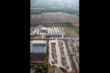 Bird's eye view of Industrial area Im Langgewan, forwarding company Kube & Kubenz in Worms in the state Rhineland-Palatinate, Germany