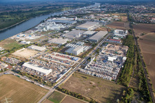 Warehouses and forwarding building Kube & Kubenz in Worms in the state Rhineland-Palatinate, Germany from the plane