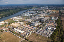 Industrial area Im Langgewan, forwarding company Kube & Kubenz in Worms in the state Rhineland-Palatinate, Germany from the drone perspective