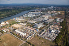 Industrial area Im Langgewan, forwarding company Kube & Kubenz in Worms in the state Rhineland-Palatinate, Germany from a drone