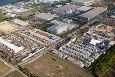 Industrial area Im Langgewan, forwarding company Kube & Kubenz in Worms in the state Rhineland-Palatinate, Germany seen from a drone