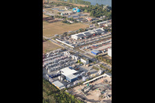 Industrial area Im Langgewan, forwarding company Kube & Kubenz in Worms in the state Rhineland-Palatinate, Germany viewn from the air